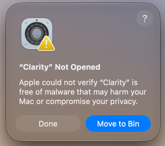 macOS dialog titled ChaiComet Not Opened, with Done and Move to Bin. Click Done.